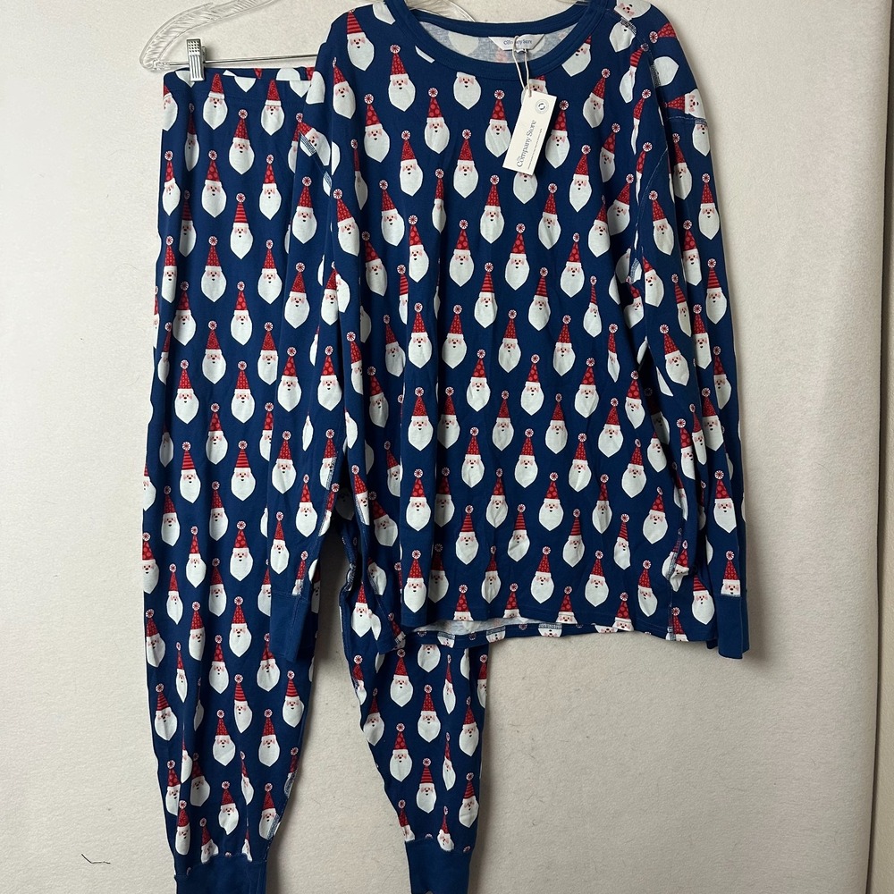 The Company Store Santa Pajamas Set Organic Cotton Navy Blue Christmas Mens M